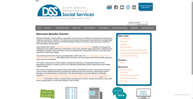 Security scan screenshot of https://dss.sd.gov/sdebt/