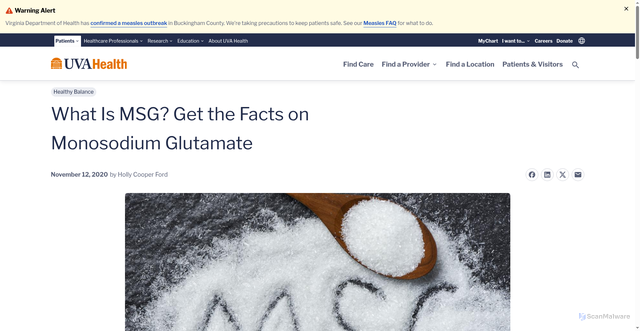 Security scan screenshot of https://www.uvahealth.com/healthy-balance/msg-facts-on-monosodium-glutamate