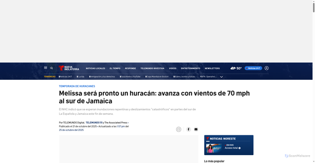 Security scan screenshot of https://www.telemundonuevainglaterra.com/el-tiempo/huracanes/tormenta-tropical-melissa-trayectoria-actualizaciones/2531202/