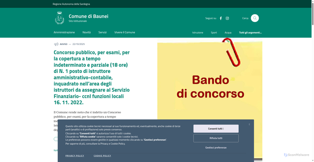 Security scan screenshot of https://www.comunedibaunei.it/
