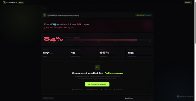 Security scan screenshot of https://check-jwvgtwnhy.devwatchguide.skin/?address=gySe9HUWCng3fLv61BjQkzDgpVpsimqdhfpzS8Ppump