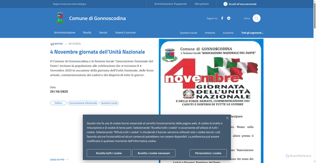 Security scan screenshot of https://www.comune.gonnoscodina.oristano.it/
