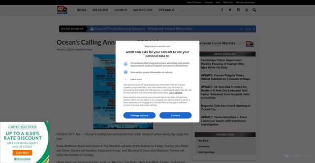 Security scan screenshot of https://www.wmdt.com/2026/03/oceans-calling-announces-2026-lineup/