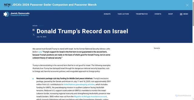 Security scan screenshot of https://jewishdems.org/donald-trumps-record-on-israel/