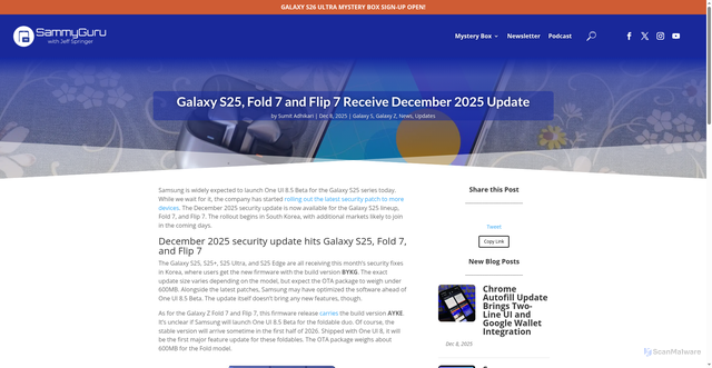 Security scan screenshot of https://sammyguru.com/galaxy-s25-fold-7-and-flip-7-receive-december-2025-update/