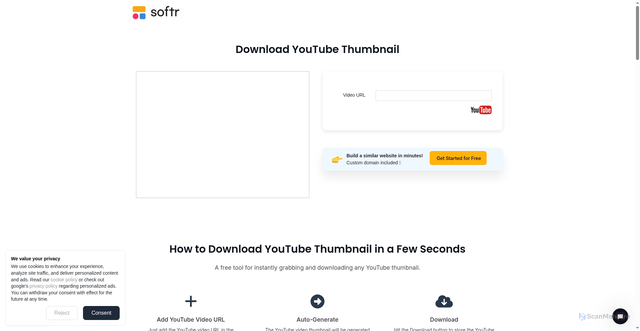 Security scan screenshot of https://www.softr.io/tools/download-youtube-thumbnail