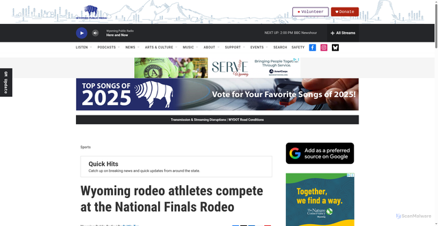 Security scan screenshot of https://www.wyomingpublicmedia.org/sports/2025-12-09/wyoming-rodeo-athletes-compete-at-the-national-finals-rodeo