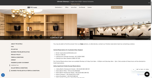 Security scan screenshot of https://www.tfehotels.com/en/contact/?utm_source=likemagic&utm_medium=email&utm_campaign=pre_stay&utm_content=AAHH