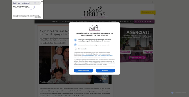 Security scan screenshot of https://www.las2orillas.co/a-que-se-dedican-juan-pablo-y-manuela-los-hijos-de-pablo-escobar-el-capo-que-este-1-de-diciembre-cumpliria-76-anos/