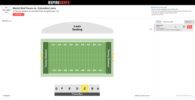 Security scan screenshot of https://www.aspireseats.com/tickets/7984184/marist-red-foxes-vs-columbia-lions-tickets-fri-oct-9-2026-tenney-stadium-at-leonidoff-field