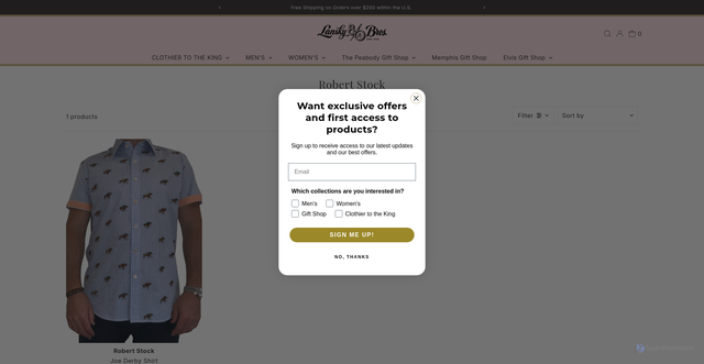 Security scan screenshot of https://lanskybros.com/collections/robert-stock?srsltid=AfmBOoq855N_OoT5zlrssKw8Nq9lrMwz2gwWPnQE9x3_RiB59W526KI-