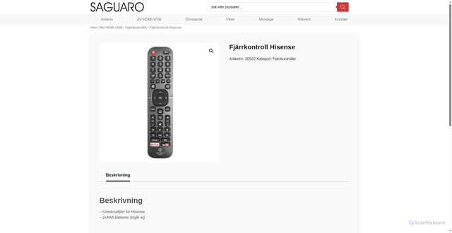 Security scan screenshot of https://saguaroab.se/produkt/fjarrkontroll-hisense/