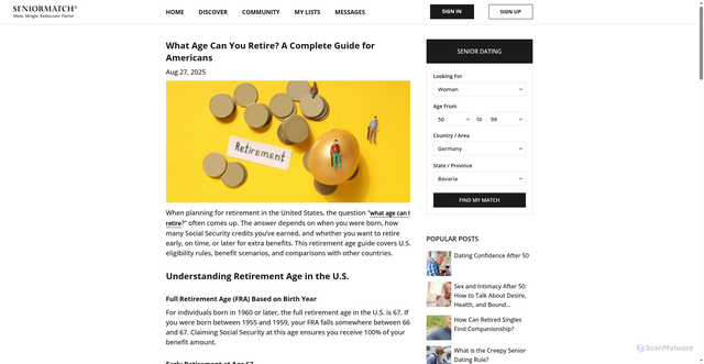 Security scan screenshot of https://www.seniormatch.com/senior-dating-blog/retirement-age-guide-usa