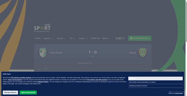 Security scan screenshot of https://www.sabcsport.com/live/football/match-detail/world-cup-qualification-caf-group-f-ivory-coast-vs-kenya/2025-10-13/2559163/overview