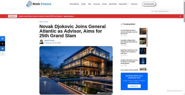 Security scan screenshot of https://www.briefs.co/news/novak-djokovic-joins-general-atlantic-as-advisor-aims-for-25th-grand-slam/