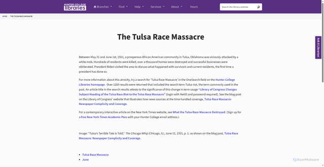 Security scan screenshot of https://library.hunter.cuny.edu/news/tulsa-race-massacre