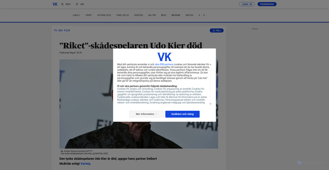 Security scan screenshot of https://www.vk.se/2025-11-24/riket-skadespelaren-udo-kier-dod-9d139