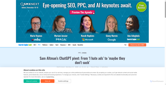 Security scan screenshot of https://searchengineland.com/sam-altman-chatgpt-ads-pivot-463150