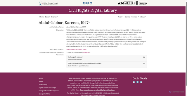 Security scan screenshot of https://crdl.usg.edu/people/abdul_jabbar_kareem_1947