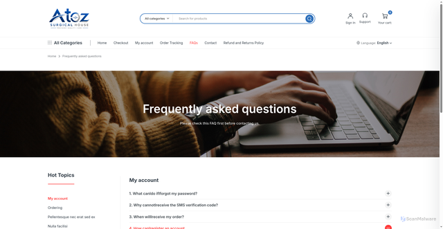 Security scan screenshot of https://atozsurgcialhouse.store/frequently-asked-questions/