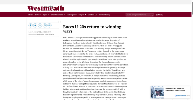 Security scan screenshot of https://www.westmeathindependent.ie/2008/12/10/buccs-u-20s-return-to-winning-ways/