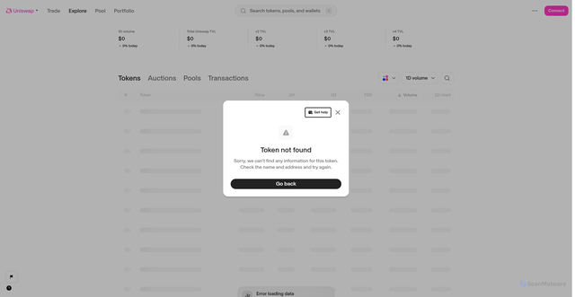 Security scan screenshot of http://web-testing-dev-entry-gateway-uniswap.vercel.app/explore/tokens/base/0xe2c86869216ac578bd62a4b8313770d9ee359a05