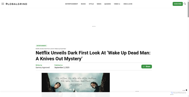 Security scan screenshot of https://globalgrind.com/6902652/netflix-wake-up-dead-man-knives-out-mystery-first-look/