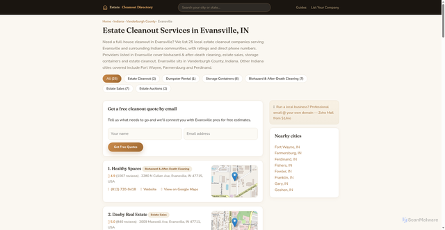 Security scan screenshot of https://estate-cleanout.pages.dev/indiana/evansville/