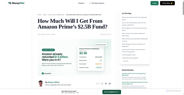 Security scan screenshot of https://www.moneypilot.com/category/classaction-settlements/amazon-prime-ftc-class-action-settlement