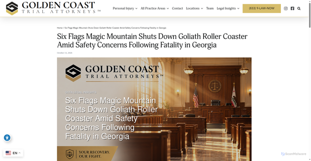 Security scan screenshot of https://gcta.law/six-flags-magic-mountain-shuts-down-goliath-roller-coaster-safety-concerns/