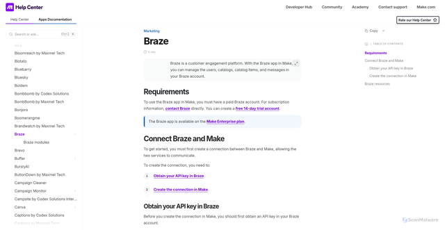 Security scan screenshot of https://apps.make.com/braze