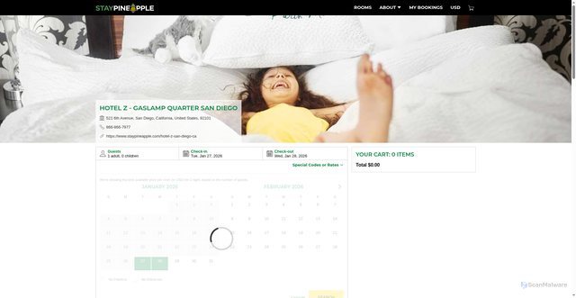 Security scan screenshot of https://reservations.staypineapple.com/?chain=26225&hotel=65377&arrive=2026-01-25&depart=2026-01-26&locale=en_US