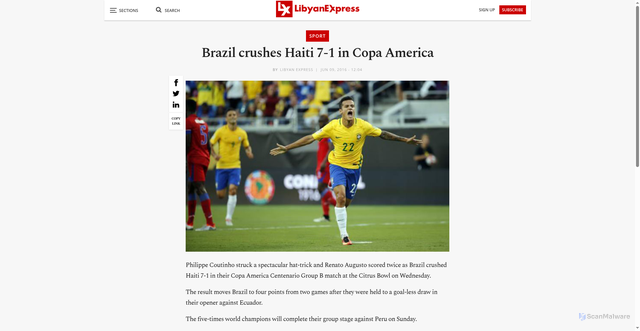 Security scan screenshot of https://www.libyanexpress.com/brazil-crushes-haiti-7-1-in-copa-america/