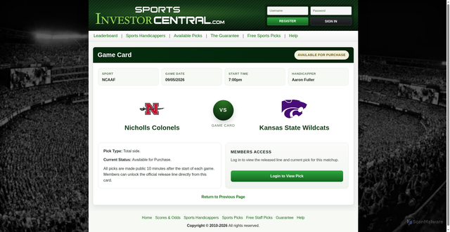 Security scan screenshot of https://www.sportsinvestorcentral.com/card.php?game=NTQ2MDM3MXwxOQ%3D%3D