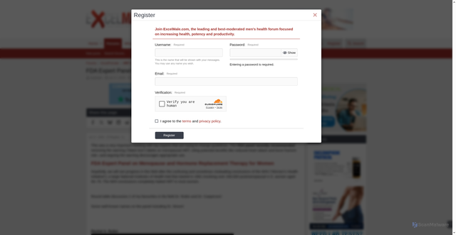 Security scan screenshot of https://www.excelmale.com/threads/fda-expert-panel-on-menopause-and-hrt-recommends-removing-black-box-labels.32742/