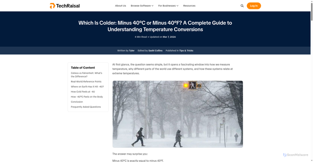 Security scan screenshot of https://www.techraisal.com/blog/which-is-colder-minus-40c-or-minus-40f/
