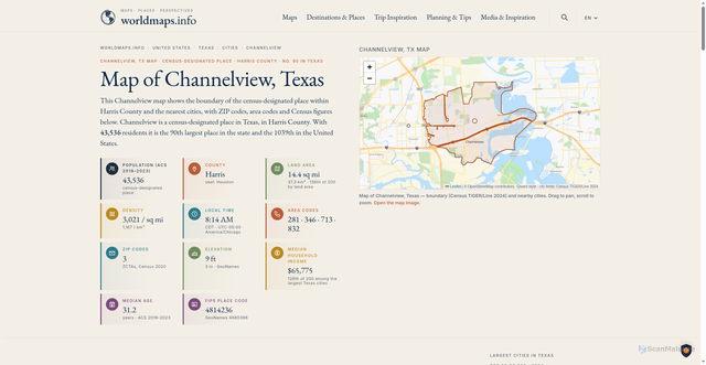 Security scan screenshot of https://www.worldmaps.info/United-States/texas/cities/channelview/