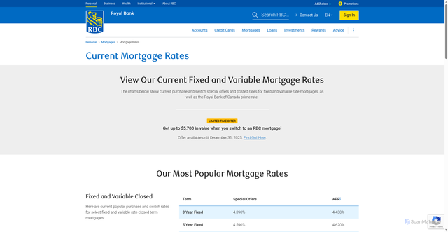Security scan screenshot of https://www.rbcroyalbank.com/mortgages/mortgage-rates.html