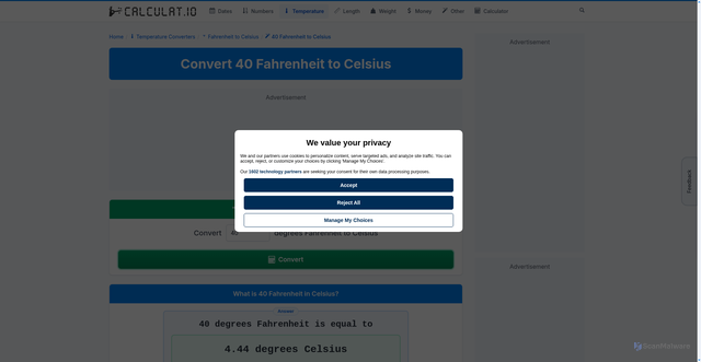 Security scan screenshot of https://calculat.io/en/temperature/fahrenheit-to-celsius/40