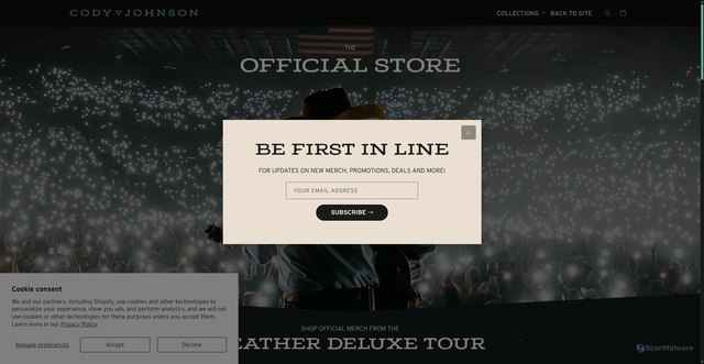 Security scan screenshot of https://codyjohnson.merchmadeeasy.com/