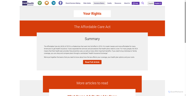 Security scan screenshot of https://www.fairhealthconsumer.org/insurance-basics/your-rights/affordable-care-act