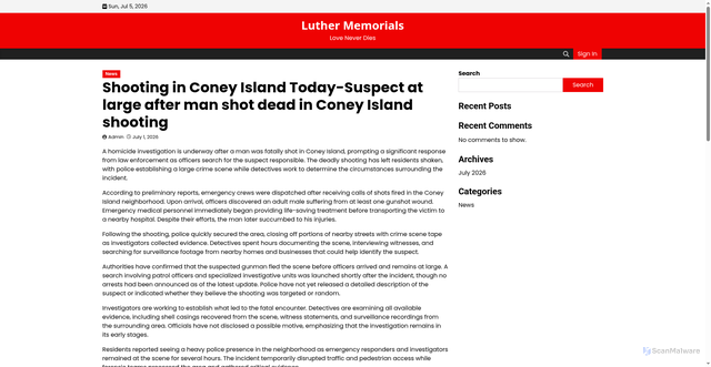 Security scan screenshot of https://luthermemorials.site/shooting-in-coney-island-today-suspect-at-large-after-man-shot-dead-in-coney-island-shooting/