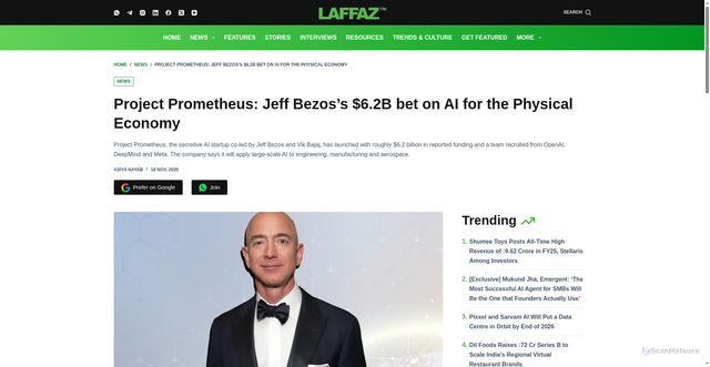 Security scan screenshot of https://laffaz.com/project-prometheus-jeff-bezos-ai-physical-economy/