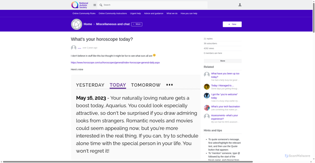 Security scan screenshot of https://community.autism.org.uk/f/miscellaneous-and-chat/31945/what-s-your-horoscope-today