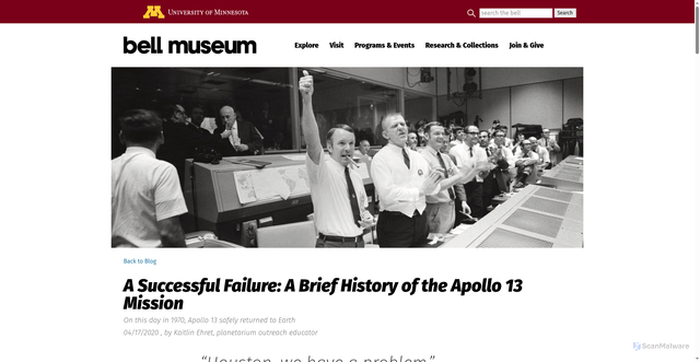 Security scan screenshot of https://www.bellmuseum.umn.edu/blog/a-successful-failure-a-brief-history-of-the-apollo-13-mission/