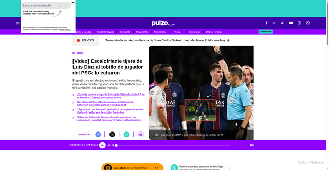 Security scan screenshot of https://www.pulzo.com/deportes/futbol/luis-diaz-expulsado-psg-vs-bayern-dura-pata-achraf-hakimi-roja-PP4880684