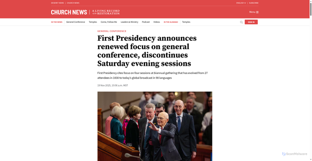 Security scan screenshot of https://www.thechurchnews.com/general-conference/2025/11/19/first-presidency-discontinues-saturday-evening-sessions-general-conference/