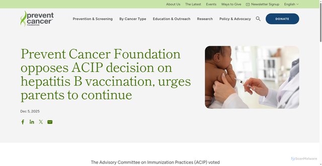 Security scan screenshot of https://preventcancer.org/news/prevent-cancer-foundation-opposes-acip-decision-on-hepatitis-b-vaccination-urges-parents-to-continue/
