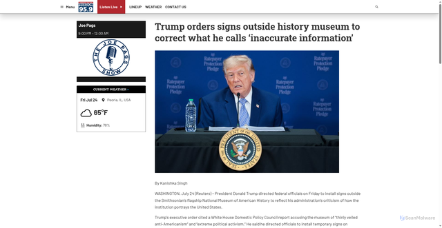 Security scan screenshot of https://freedom959.net/2026/07/24/trump-signs-executive-order-related-to-smithsonian-institution-white-house-says/