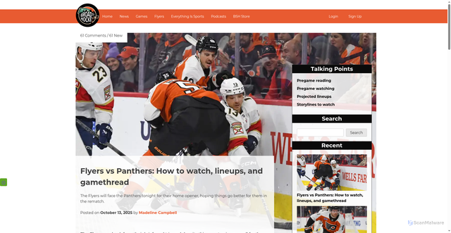 Security scan screenshot of https://www.broadstreethockey.com/post/flyers-vs-panthers-how-to-watch-lineups-and-gamethread/